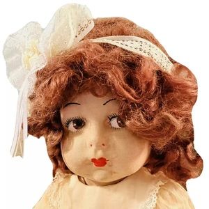 Antique Gre Poir 17” Doll French Pressed Cloth 1920s Auburn Hair Brown Eyes Rare